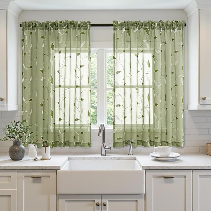 MIULEE Sage Green Sheer Curtains 2 Panels Leaf Patterned, W52 x L54 | - Image 2