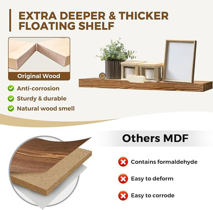 36x8x1.6 inch Floating Shelves Set of 2 – Solid Wood Rustic Brown Wall Mounted - Image 3
