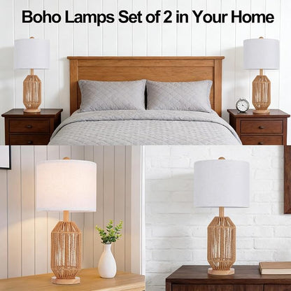 21" Boho Rattan Table Lamps Set of 2, Farmhouse Bedside Nightstand Lamps - Image 7