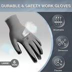 I9 Essentials Seamless Nitrile Coated Work Gloves, Large 6 Pairs, Black & Grey – Washable Grip for Construction, Gardening, Woodworking