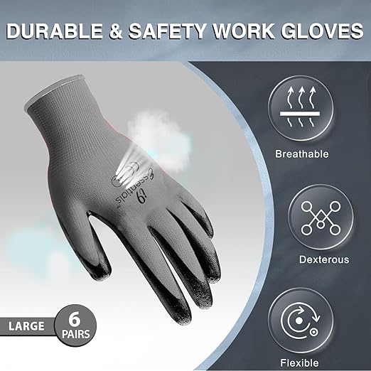 I9 Essentials Seamless Nitrile Coated Work Gloves, Large 6 Pairs, Black & Grey – Washable Grip for Construction, Gardening, Woodworking