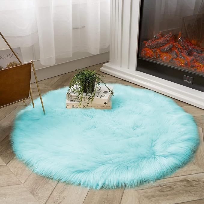 Latepis Light Blue Fur Round Rug 3ft Faux Sheepskin Circle Rug - Image 7