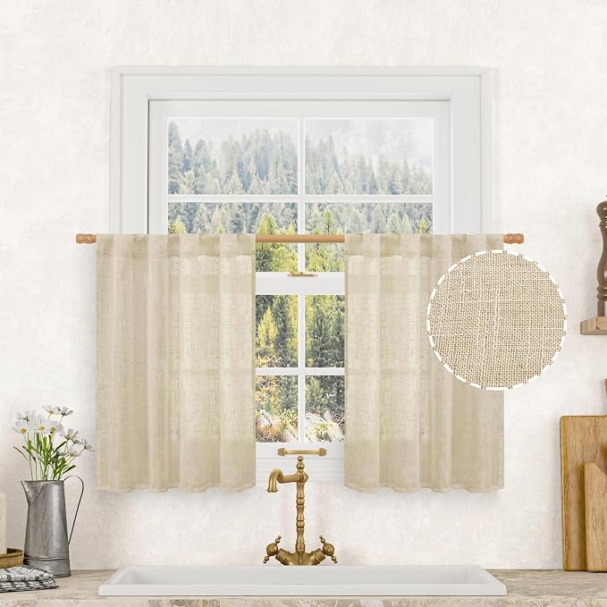 30 Inch Cafe Linen Curtains for Kitchen Window Over Silk 2 Panels | Semi Sheer by LAMIT