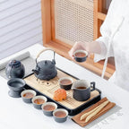ICHAG Japanese & Chinese Tea Set, Adults' Portable Gongfu Tea Set with Teapet with Porcelain Teapot, 8oz Teapot,14-Piece 茶具 for Home/Outdoor/Office Gifts (Gray)