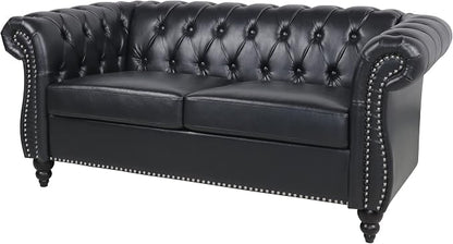LEVNARY Leather Sofa, Chesterfield Tufted Upholstered 2 Seater Couch, Modern - Image 4