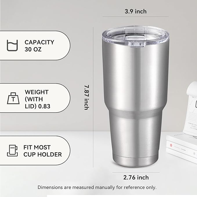 30 oz Tumbler with Lid Stainless Steel Tumblers Bulk Vacuum Insulated Cup Reusable Powder Coated Travel Mug Double Wall Leak Proof Cups Keep Cold Drinks for 12 Hours Stainless, Set of 8