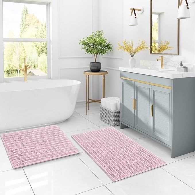 Arotive Luxury Chenille Bathroom Rug Mat, Extra Soft Thick Absorbent Shaggy Bath Rugs, Non-Slip Machine Wash Dry, Plush Bath Mats for Bathroom, Shower and Tub, 30x20, Pink