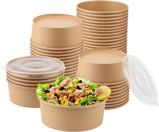36oz 50 Sets Large Kraft Paper Bowls with Lids, Disposable Bowls with Lids, Paper Salad Bowls, Paper Food Container with Lid Perfect for Hot/Cold Food, Soup, Salad, Ice Cream