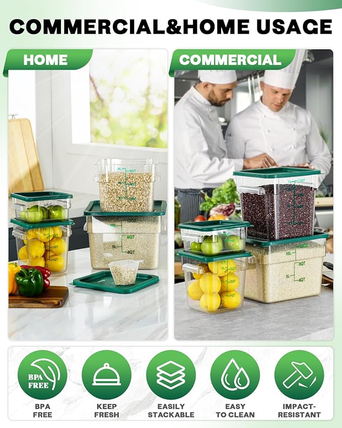 4QT NSF Food Storage Containers with Lids: 4 PCS [Total Food Grade][Hot&Cold Resistant] Commercial Clear Food Storage Containers for Restaurant Kitchen Proof Dough, Measuring Spoons Included(Green)