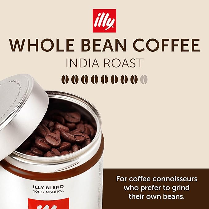 Illy Whole Bean Coffee, India Dark Roast - Notes of Black Pepper and Extra-Dark Chocolate - 100% Arabica - Whole Beans - Pressurized Packaging Sealed for Freshness - 8.8oz can (Pack of 6)