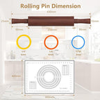 Classic Wooden Rolling Pin with Handle and Pastry Mat for Fondant, Pizza, Pies, Cookies,Rolling Pin for Baking with 3 Multi-Color Thickness Rings,17" x 2.5" (Include handle)