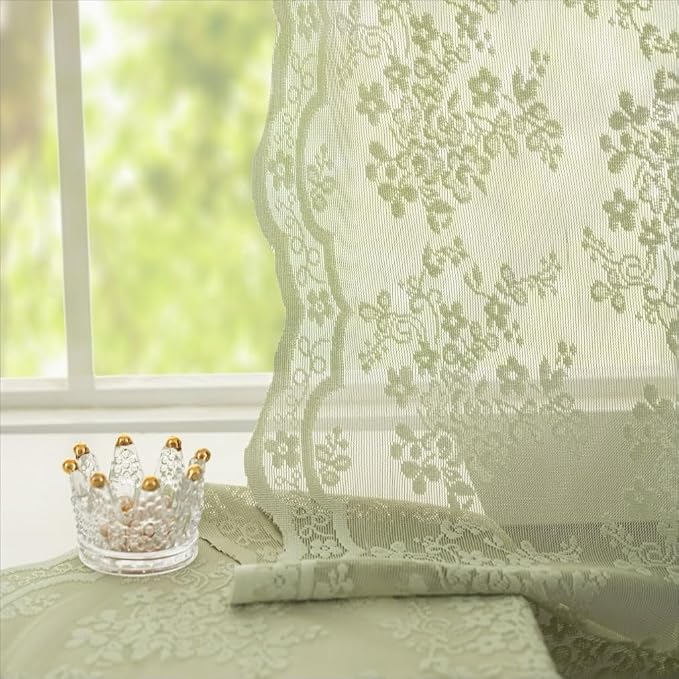 YJ YANJUN Vintage Lace Curtains 96 Inches Long- Victorian Floral Boho Green - Image 6