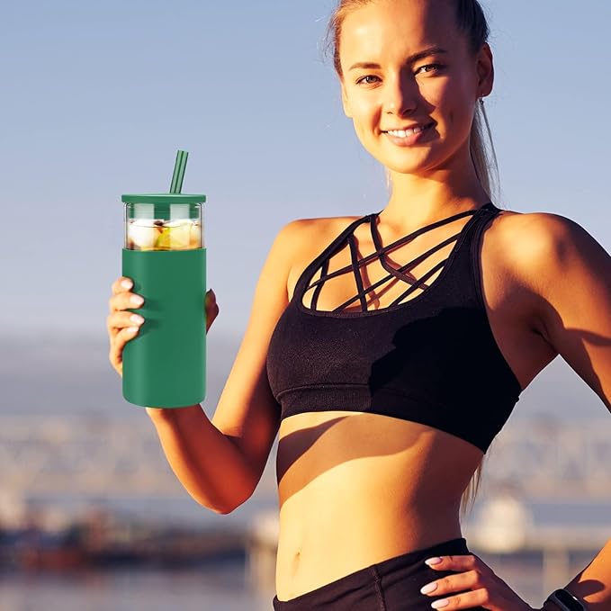 Tronco 20 oz Glass Tumbler With Lids and Straws, Reusable Smoothie Cups With Silicone Lid, Iced Coffee Cup With Silicone Protective Sleeve, Dishwasher Safe- BPA Free（Blackish Green 1 Count）