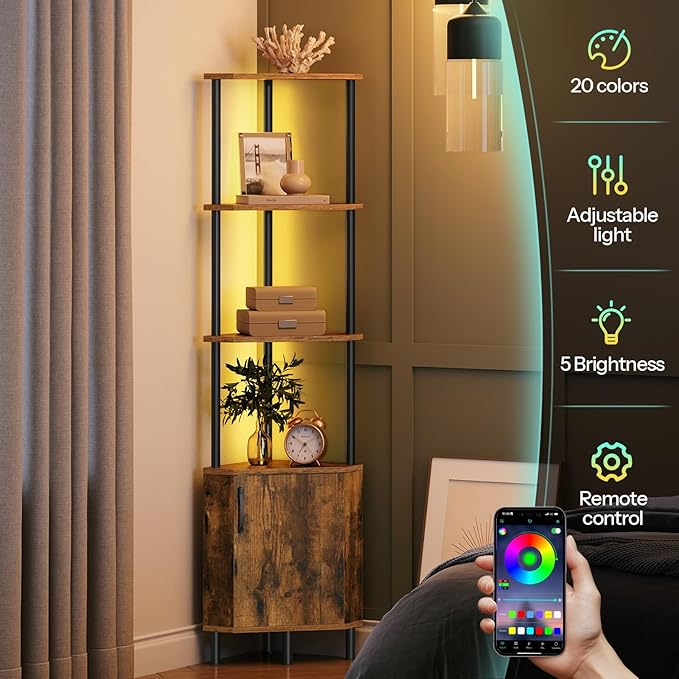 HOOBRO Corner Cabinet with LED Light, Corner Shelf Stand with Storage and Doors - Image 6