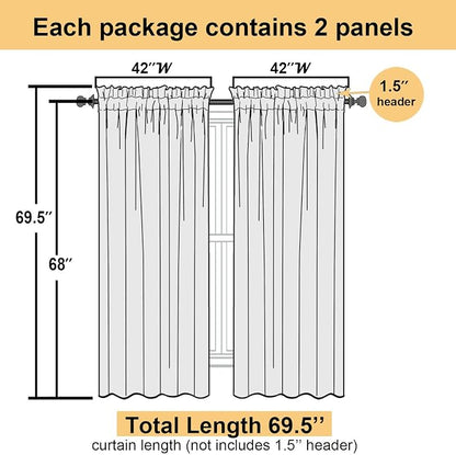 Cream Sheer Curtains 68 Inch Length 2 Pcs, Light Filtering Bedroom Curtains - Image 2