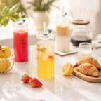 KEMORELA 6 Sets Glass Cups with Lids & Straws, Square Ribbed Drinking Glasses with Lids, Clear Highball Tumblers for Cocktail, Coffee, Juice, Beer, Modern Mixed Drinkware Jars