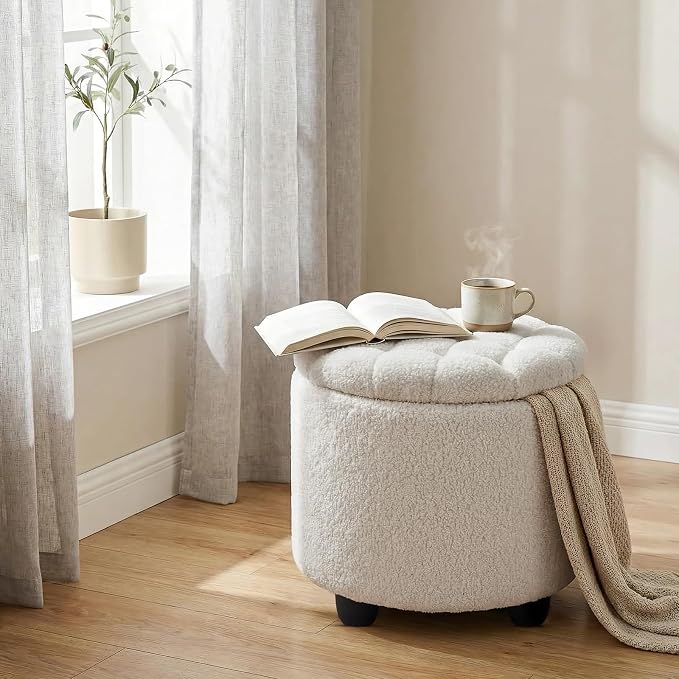 Furniliving Modern Round Storage Ottoman, Button Tufted Ottoman Footstool - Image 7