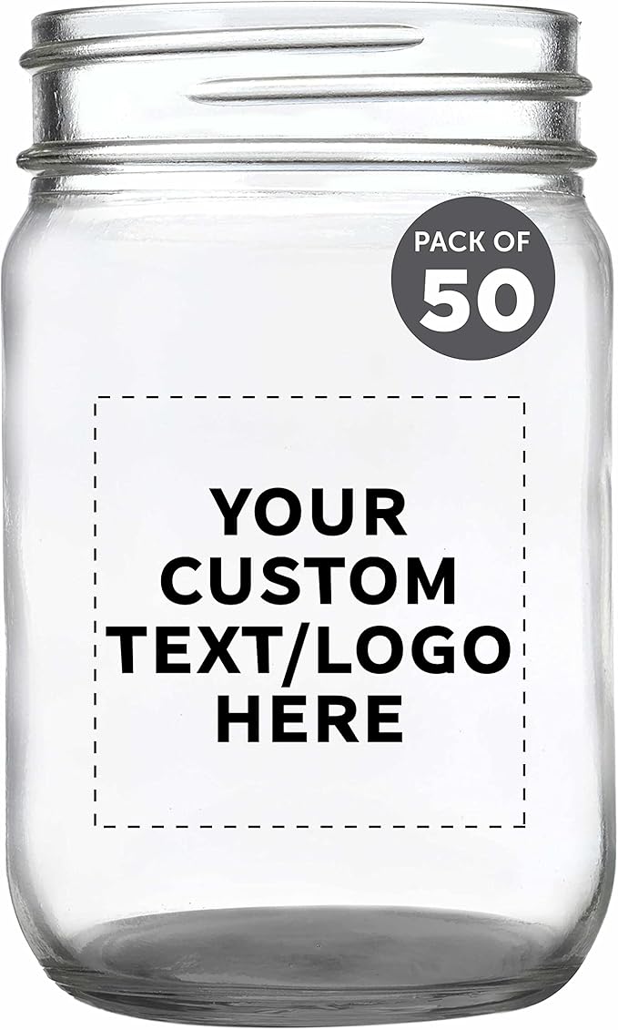 DISCOUNT PROMOS Custom Decorating Mason Jars 12 oz. Set of 50, Personalized Bulk Pack - Glass Jars for Overnight Oats, Candies, Fruits, Pickles, Spices, Beverages - Black