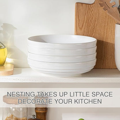 HAPPY KIT Stoneware 9'' Pasta Bowls, 42 Oz Large Salad Bowls Set of 4, Serving Bowls Perfect for Dessert, Soup, Fruit, Noodle, Granite White