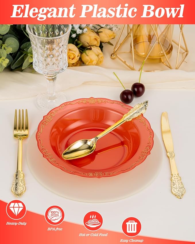 100 Pack Clear Red Plastic Bowls with Gold Rim, 12oz Plastic Salad Bowl, Disposable Bowls for Party, Dinners, Weddings, Christmas, Thanksgiving