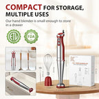 KOIOS Immersion Blender, 1000W Anti-scratch 3-in-1 Hand Blender, Upgraded 12 Speed Stainless Steel Blade Stick Blender with Turbo Mode, Whisk and Milk Frother, Non-BPA, Red