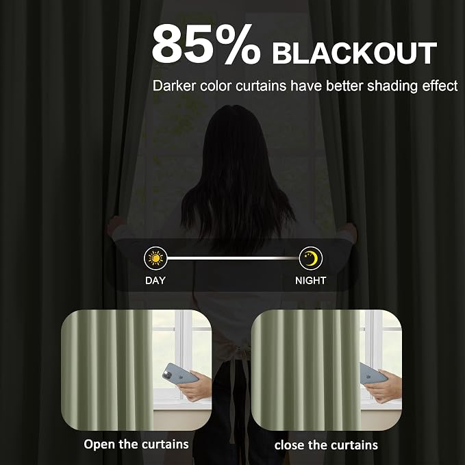 Sage Green Pinche Pleat Curtains 45 Inches Long Thermal Insulated Dark Black - Image 3