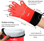 Walfos Silicone BBQ Gloves - Heat Resistant Grilling Gloves Set with Pork Shredder Claws & Brush, Non-Slip Kitchen Silicone Oven Mitt with Protective Cotton Layer, Suit for Indoor & Outdoor, Red