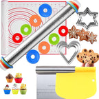 Adjustable Rolling Pin 19 Baking Tool Set and Silicone Baking Pastry Mat Set,Thickness Rings,Stainless Steel Dough Roller Rolling Pins for Baking Dough, Pizza, Pie, Pastrie(Red Mat)