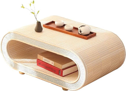 Japanese Floor Table, Curved Wooden Woven Tatami Table, Double Layer Storage by Unknown