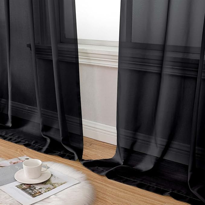 Sheer Black Curtains for Bedroom Living Room 90 Inches Long 2 Panels Set - Image 8