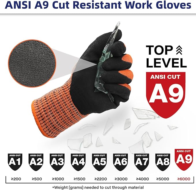 Schwer ProGuard Highest Level Cut Resistant Work Gloves PR3326 for Extreme Protection, ANSI A9 Cut Gloves with Reinforced Thumb, Non Slip, Non PFAS, Durable, Touch-screen, Orange 2 Pairs(XL)