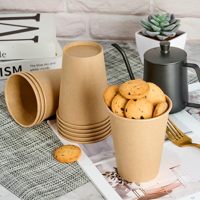 LITOPAK 100 Pack 12 oz Kraft Paper Cups, Disposable Coffee Cups, Disposable Drinking Cups, Hot Coffee Cups, Paper Coffee Cups for Water, Coffee, Juice, and Milk
