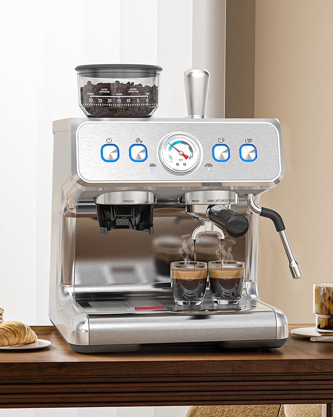 COWSAR Espresso Machine 15 Bar, Semi-Automatic Espresso Maker with Bean Grinder & Milk Frother Steam Wand, 75 Oz Removable Water Reservoir, Self-Cleaning, Ideal for Cappuccino/Latte, Stainless Steel
