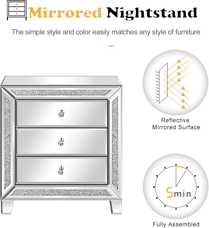 VINGLI Mirrored Nightstand Glass End Table, Mirrored Bedside Table - Image 5