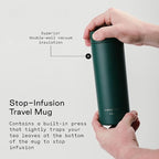 Firebelly Tea, Travel Tea Infuser Mug with Strainer, Insulated Tumbler for Loose Leaf Tea or Coffee, Leakproof Bottle for Hot or Iced Drinks, Stainless Steel Thermos with Lid, Forest