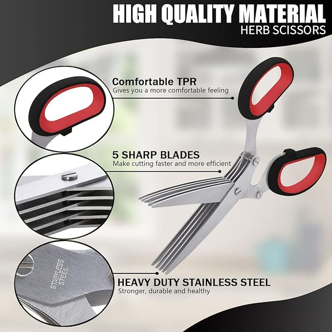 LHS Herb Scissors, Multipurpose 5 Blade Kitchen Herb Shears with Safety Cover, Kitchen Scissors for Chopping Basil Chive Parsley -Black