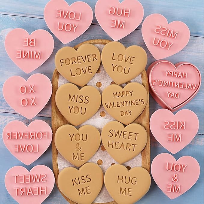 Heart Cookie Cutter Set, 10 Pcs 3D Pressable Biscuit Cutter and Stamps, Valentine's Day Cookie Molds Wedding Party DIY Cake Decorating Kit (B10)