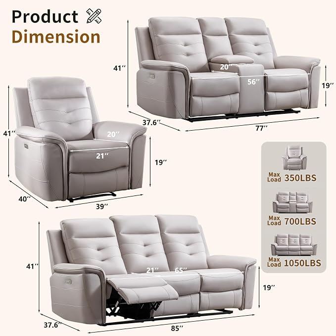 ANJ 3-Piece Faux Leather Power Recliner Sofa Set - Image 2