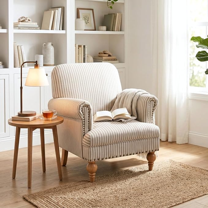Khaki Striped Linen Fabric Accent Chairs Set of 2, Modern Farmhouse Upholstered - Image 6