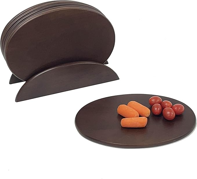 6 Walnut Stained Wood Boards with Stand, Perfect for Serving, Sushi, Cheese, Hors D'Oeuvre, Charcuterie, Sandwiches, 7 Piece Set, 9 1/2" x 6 1/2" ★★Pack of 10★★