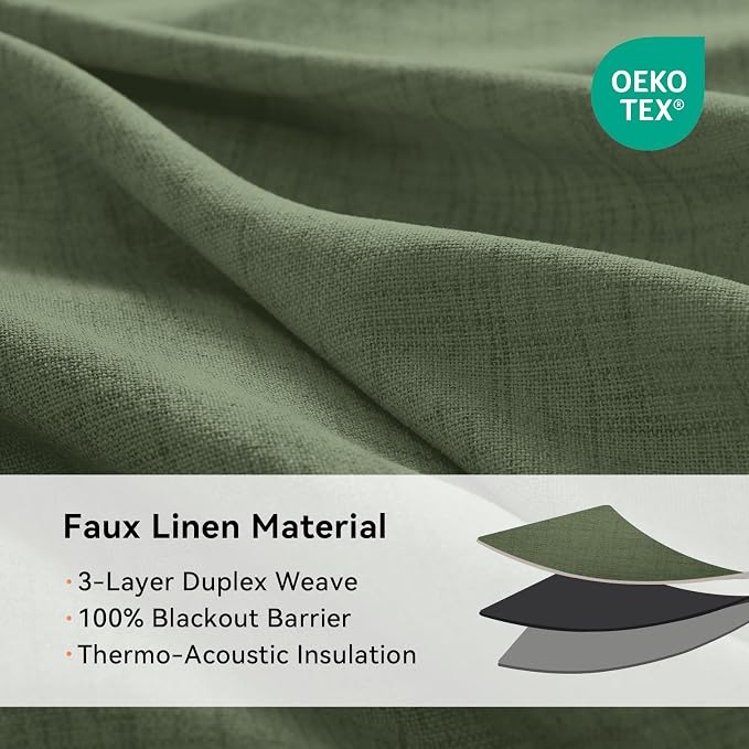 100% Blackout Linen Textured Curtains 96 Inch Long, Olive Green | 100% Blackout - Image 4