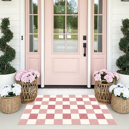 Pink White Checkered Rug - Image 9