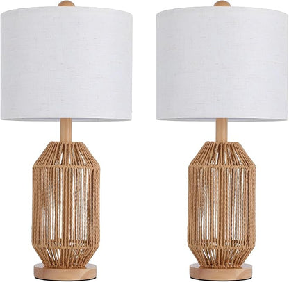 21" Boho Rattan Table Lamps Set of 2, Farmhouse Bedside Nightstand Lamps - Image 9
