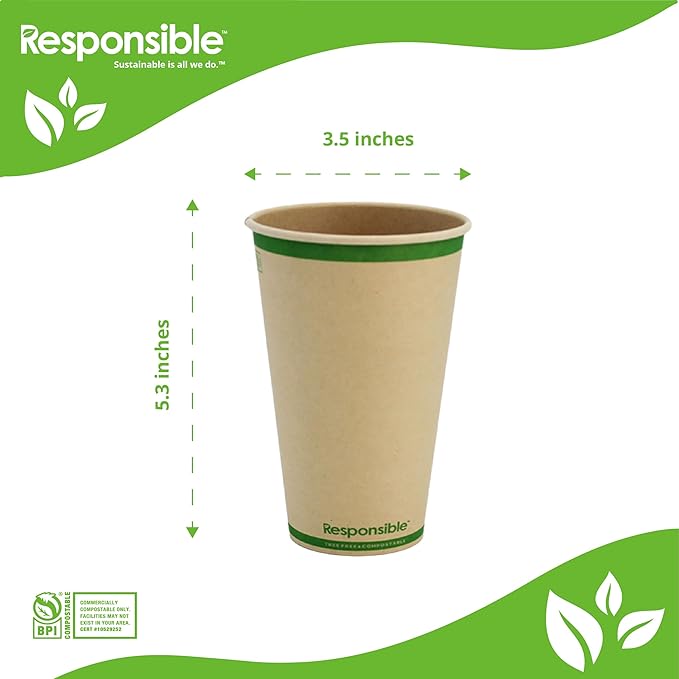 Certified Compostable 16 oz Paper Cups, Cold ＆ Hot Coffee Cups, Disposable Paper Cups, Extra Strength Disposable Cups, Made without PFAS (50 count)
