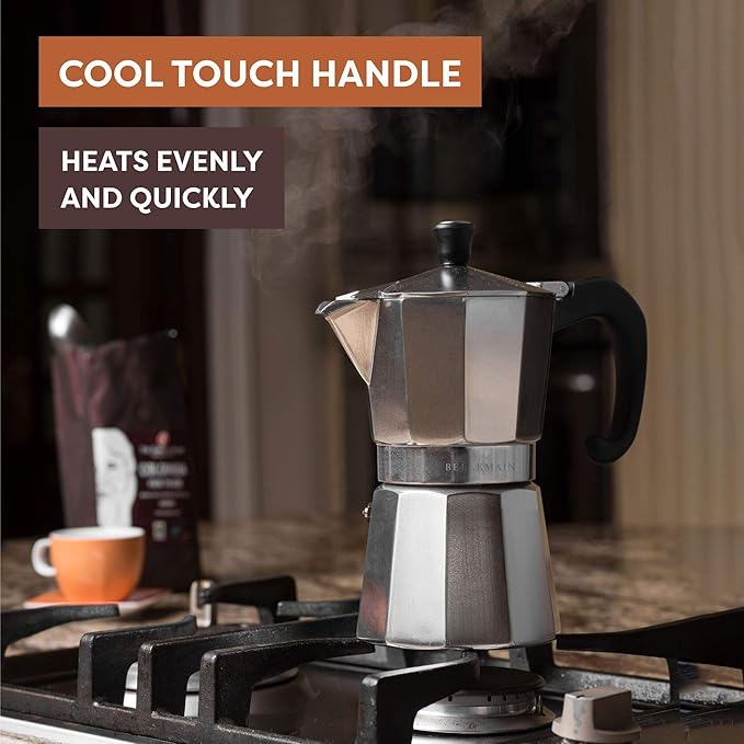 Bellemain Stovetop Espresso Maker | Italian Moka Pot Espresso Maker, Classic Aluminum Design Mocha Pot for Home Brewing & Camping | Easy to Use & Clean - 6-Cup, Silver