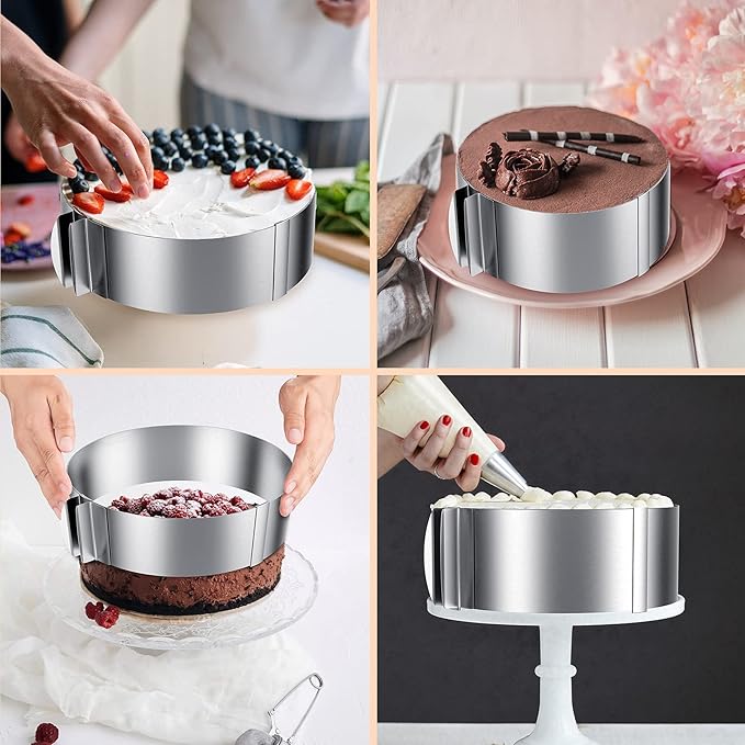 iNeibo Cake Ring, 6 to 12 Inch Adjustable Cake Mousse Mould Set, Stainless Steel Pastry Ring, Mousse Ring, Ring Mold for Baking (1 Cake Ring)