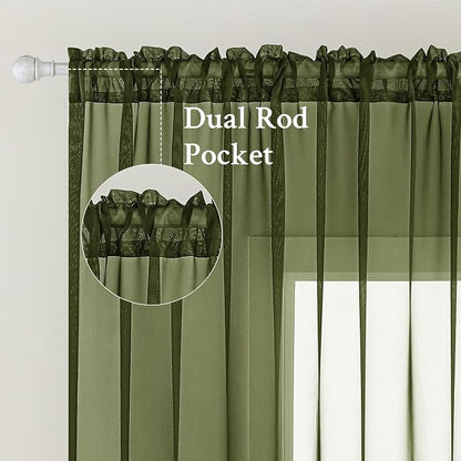 MIULEE Olive Green Sheer Curtains 54 X 90 Inches, 2 Panels | Solid Color - Image 2