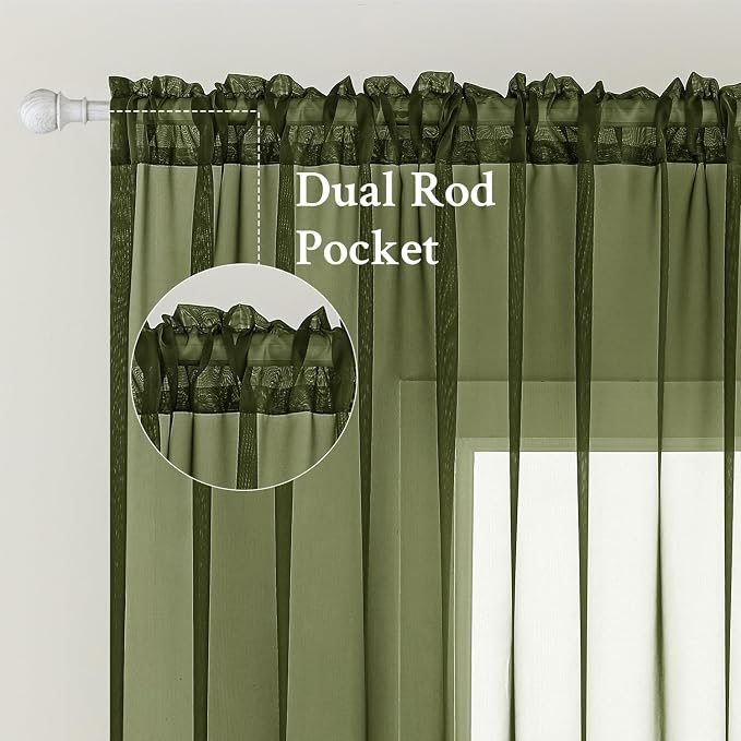 MIULEE Olive Green Sheer Curtains 54 X 84 Inches, 2 Panels | Solid Color - Image 2