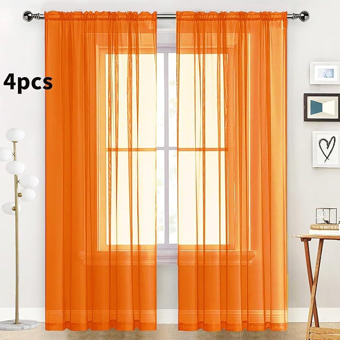 SpaceDresser Orange Sheer Curtains 4 Panels Rod Pocket Semi-Sheer Curtain 63 - Image 2