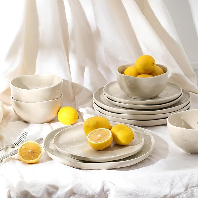 Stone Lain Mirella 4-Piece Dinner Plate Set Stoneware, Dishwasher and Microwave Safe, Beige